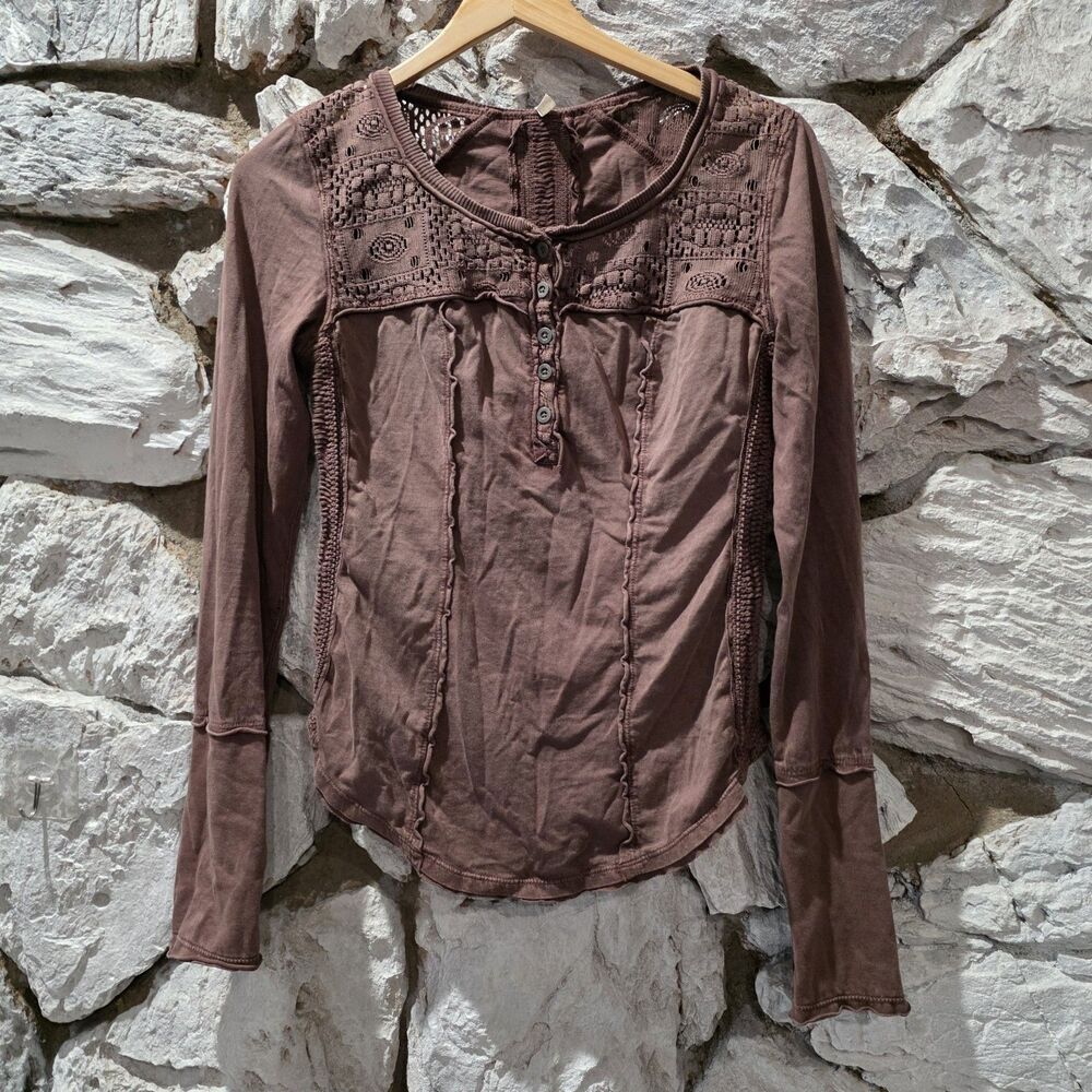 Free People Henley Chocolate Brown Boho Crochet Crew Neck Long Sleeve Women's S
